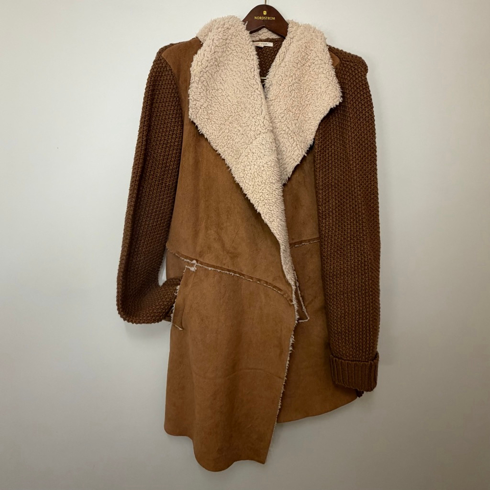 Orange Creek Sherpa Cardigan Coat M/L Brown Faux Suede Knit Boho Western Jacket - Picture 1 of 7
